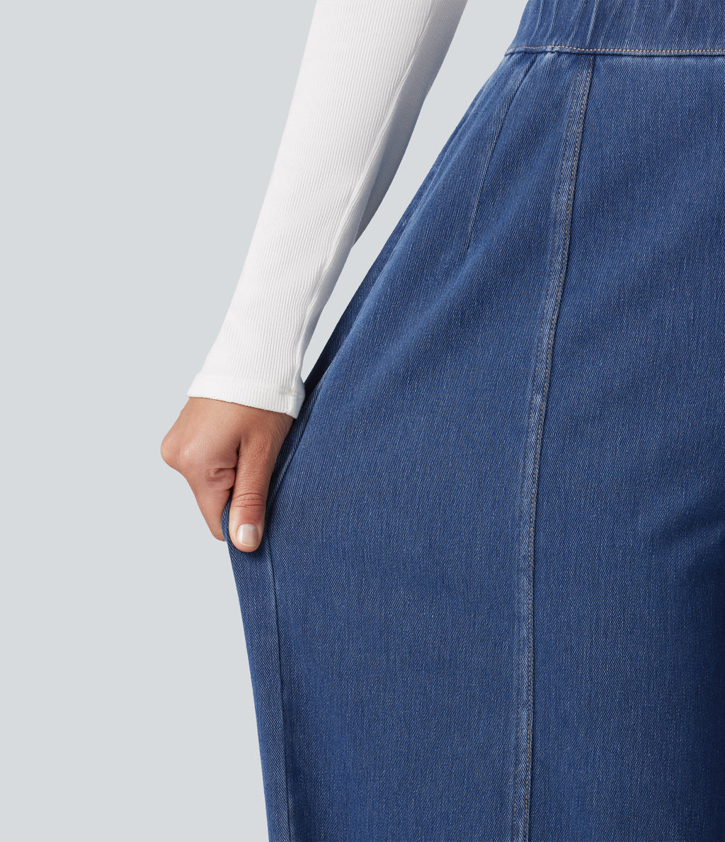 High Waisted Barrel Leg Casual Jeans with Pockets — Estate Blue Denim — view 6