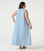Plus Size Round Neck Sleeveless Midi Crinkle Gingham Casual Tank Dress with Pockets — Blue White Bubble Grid — view 2