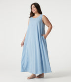 Plus Size Round Neck Sleeveless Midi Crinkle Gingham Casual Tank Dress with Pockets — Blue White Bubble Grid — view 3