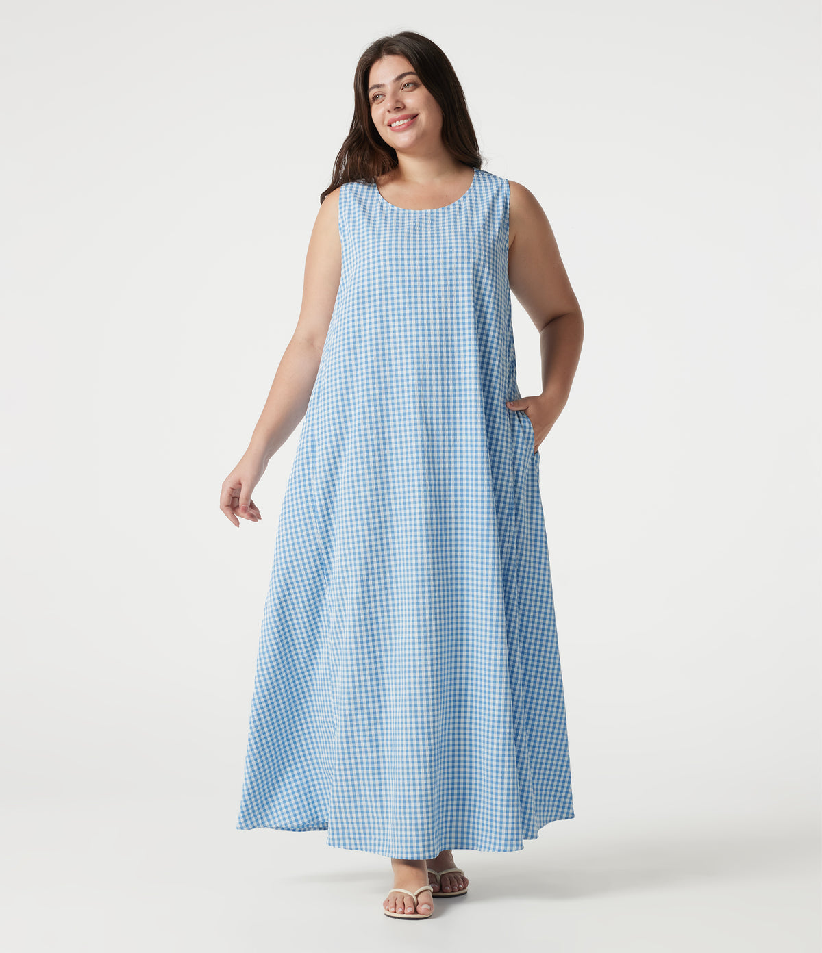 Plus Size Round Neck Sleeveless Midi Crinkle Gingham Casual Tank Dress with Pockets — Blue White Bubble Grid — view 1