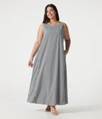Plus Size Round Neck Sleeveless Midi Crinkle Gingham Casual Tank Dress with Pockets — Black White Bubble Grid — view 6