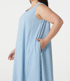 Plus Size Round Neck Sleeveless Midi Crinkle Gingham Casual Tank Dress with Pockets — Blue White Bubble Grid — view 4