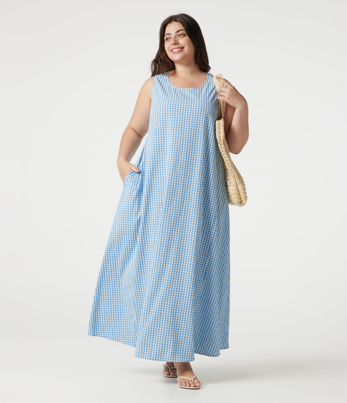 Plus Size Round Neck Sleeveless Midi Crinkle Gingham Casual Tank Dress with Pockets — Blue White Bubble Grid — view 5