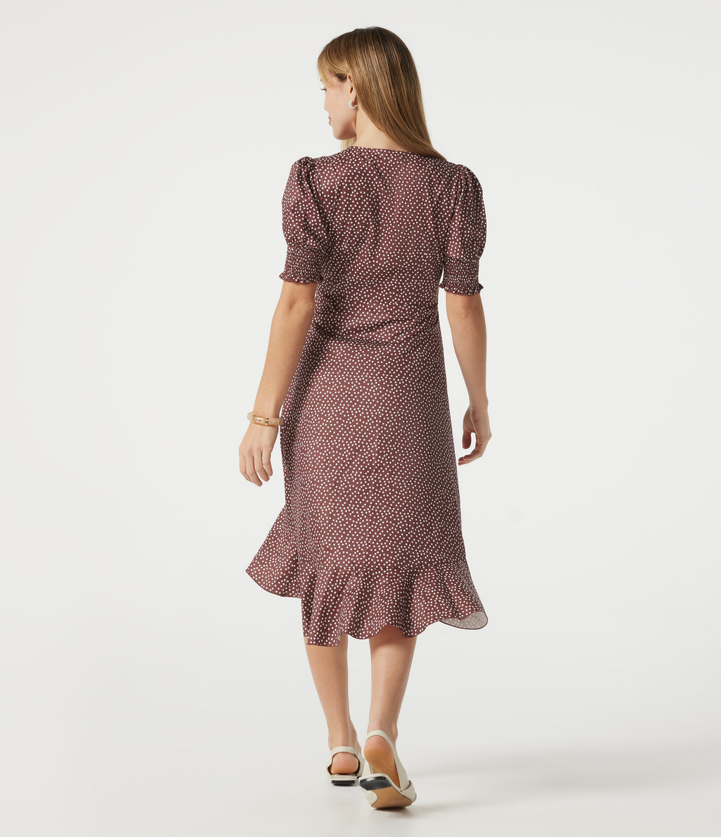 V Neck Short Sleeve Ruffle Hem Polka Dot Midi Casual Dress — Merlot Gala Dot — view 2