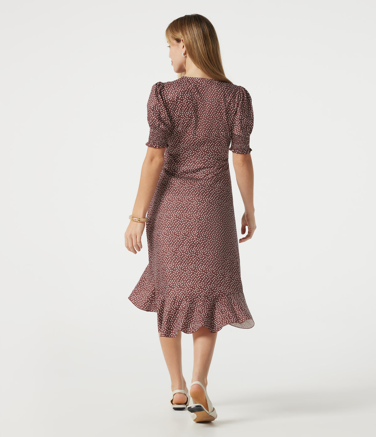 V Neck Short Sleeve Ruffle Hem Polka Dot Midi Casual Dress — Merlot Gala Dot — view 2