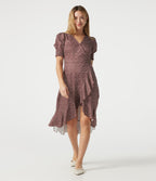 V Neck Short Sleeve Ruffle Hem Polka Dot Midi Casual Dress — Merlot Gala Dot — view 6