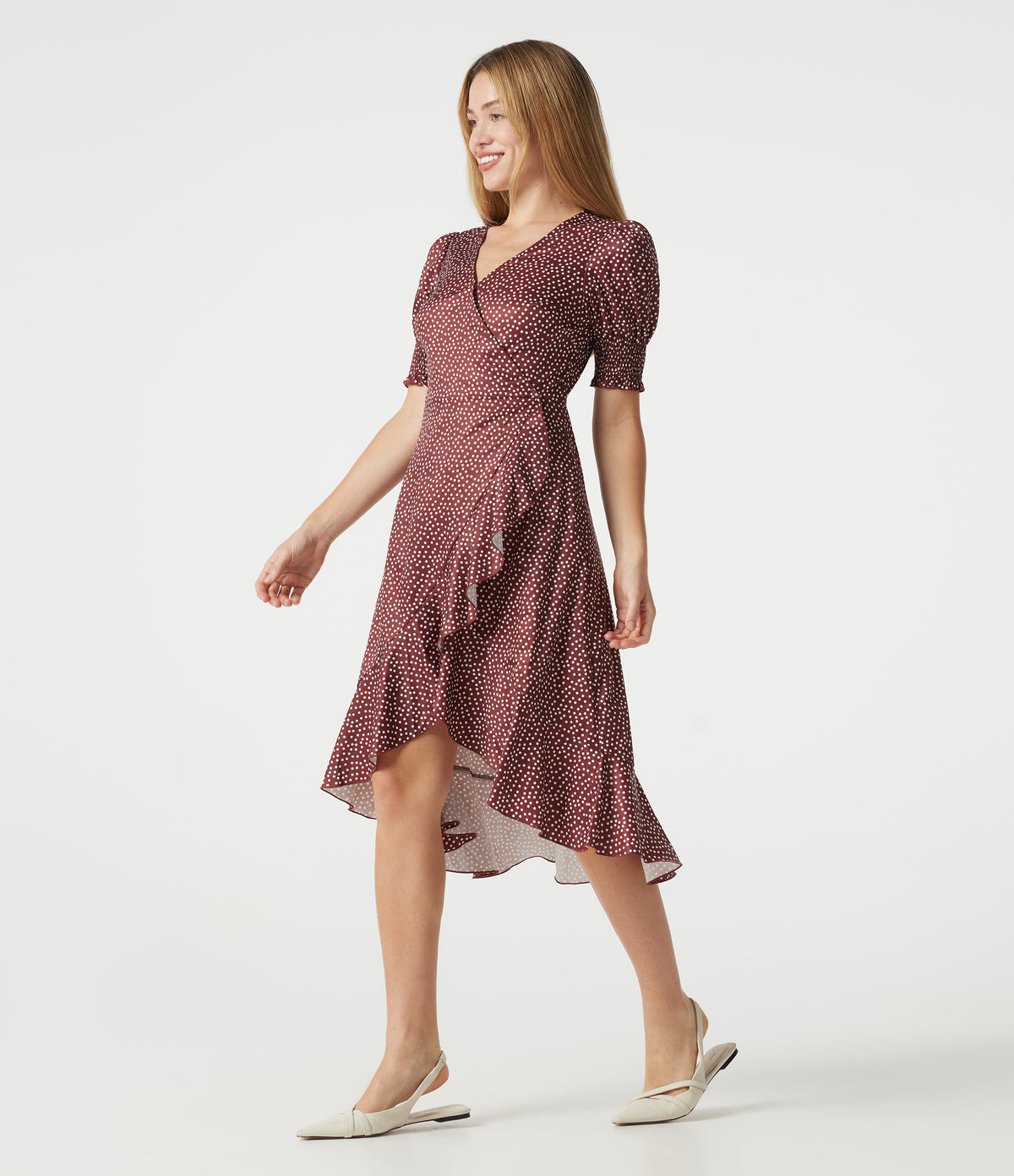 V Neck Short Sleeve Ruffle Hem Polka Dot Midi Casual Dress — Merlot Gala Dot — view 3
