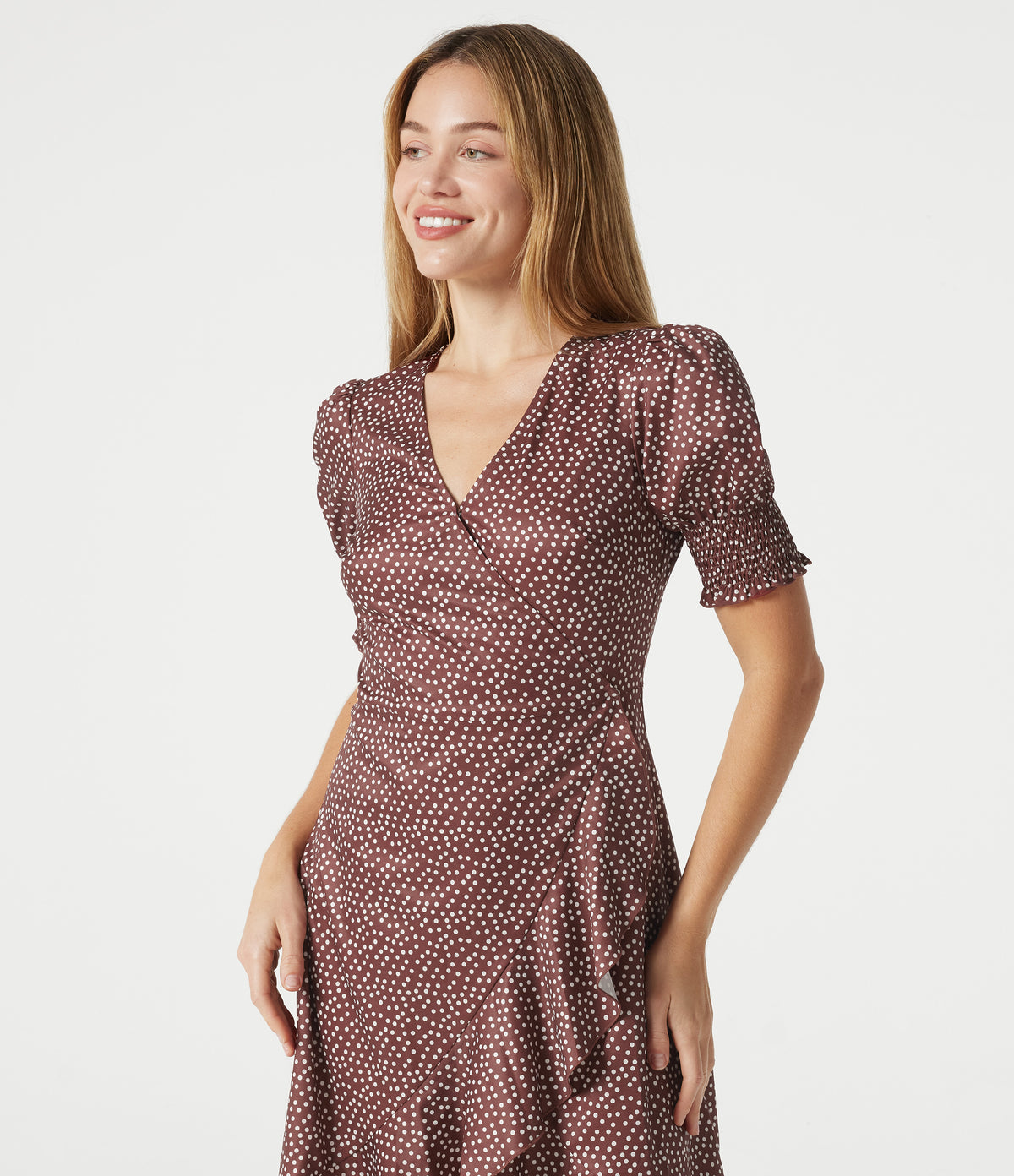 V Neck Short Sleeve Ruffle Hem Polka Dot Midi Casual Dress — Merlot Gala Dot — view 4