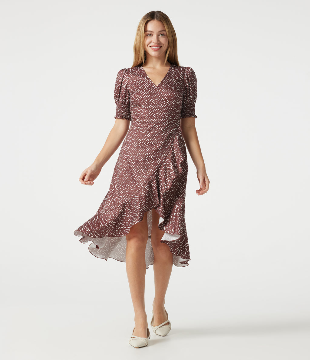 V Neck Short Sleeve Ruffle Hem Polka Dot Midi Casual Dress — Merlot Gala Dot — view 1
