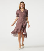V Neck Short Sleeve Ruffle Hem Polka Dot Midi Casual Dress — Merlot Gala Dot — view 1