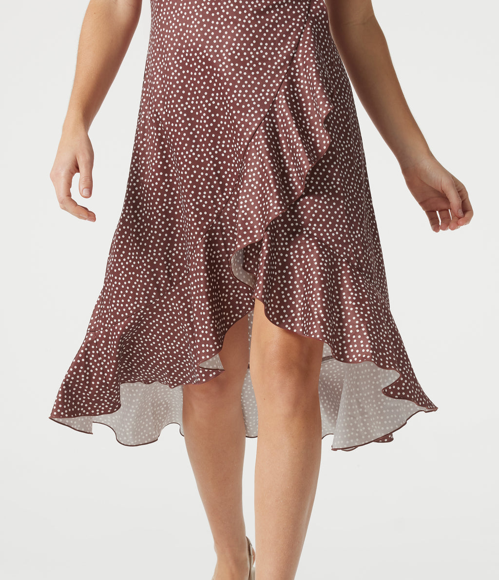 V Neck Short Sleeve Ruffle Hem Polka Dot Midi Casual Dress — Merlot Gala Dot — view 5