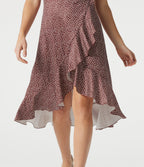 V Neck Short Sleeve Ruffle Hem Polka Dot Midi Casual Dress — Merlot Gala Dot — view 5