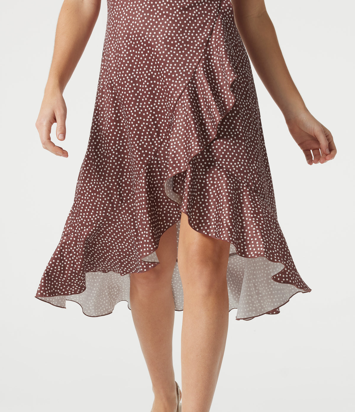 V Neck Short Sleeve Ruffle Hem Polka Dot Midi Casual Dress — Merlot Gala Dot — view 5