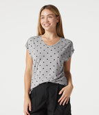 V Neck Short Sleeve Polka Dot Casual T-Shirt — Heather Noir Dot — view 1