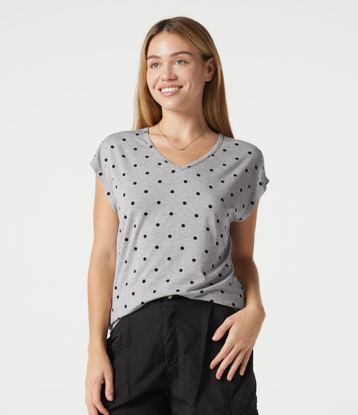 V Neck Short Sleeve Polka Dot Casual T-Shirt — Heather Noir Dot — view 1