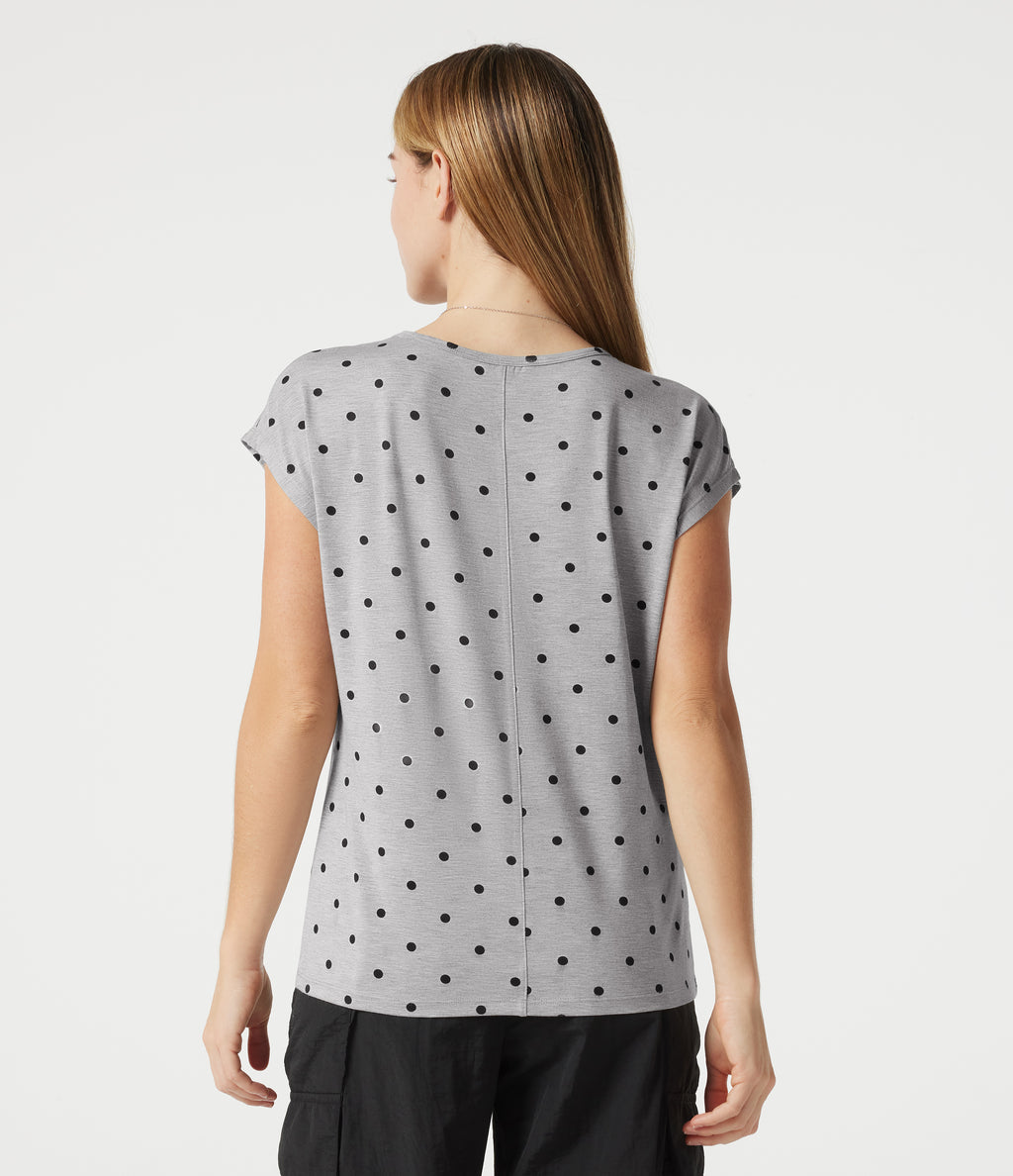 V Neck Short Sleeve Polka Dot Casual T-Shirt — Heather Noir Dot — view 2