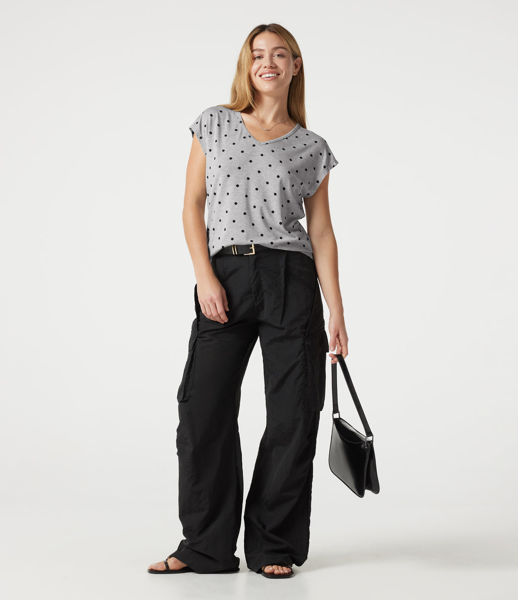 V Neck Short Sleeve Polka Dot Casual T-Shirt — Heather Noir Dot — view 8