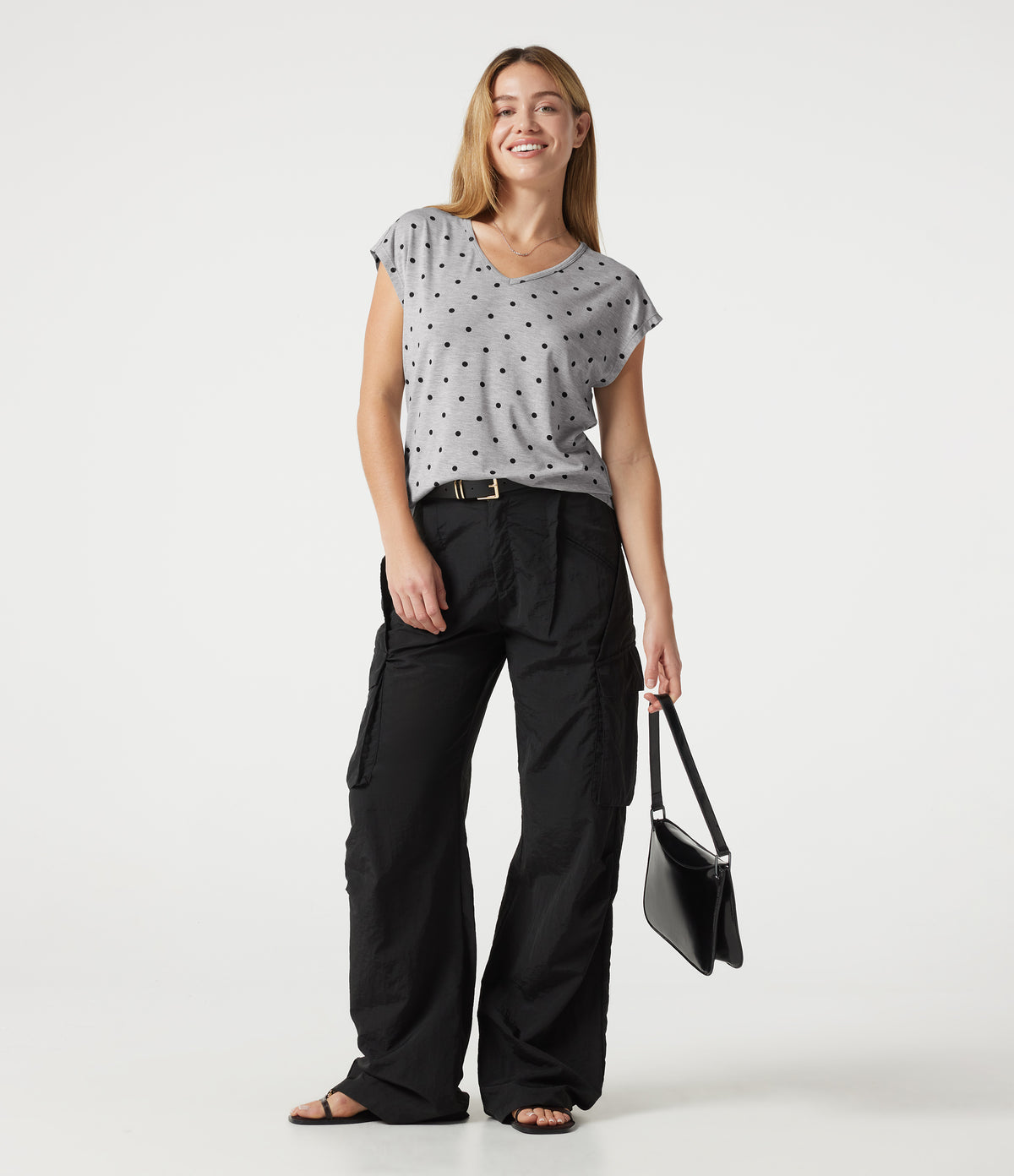 V Neck Short Sleeve Polka Dot Casual T-Shirt — Heather Noir Dot — view 8