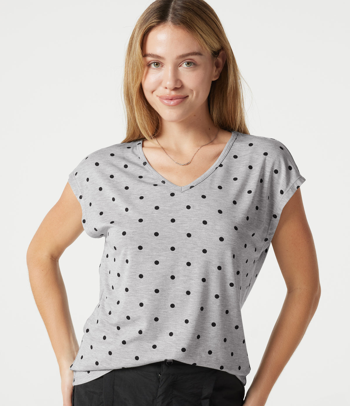 V Neck Short Sleeve Polka Dot Casual T-Shirt — Heather Noir Dot — view 6