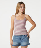 Ribbed Knit Stripes U-Neck Adjustable Straps Built-in Bra Casual Cami Top — Warm Sand Stripe — view 3