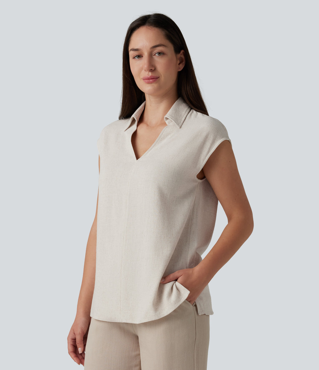 V-neck Sleeveless Split Hem Work Linen-Blend Blouse — Whisper White — view 3