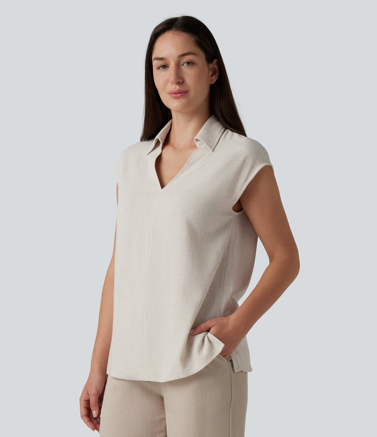 V-neck Sleeveless Split Hem Work Linen-Blend Blouse — Whisper White — view 3
