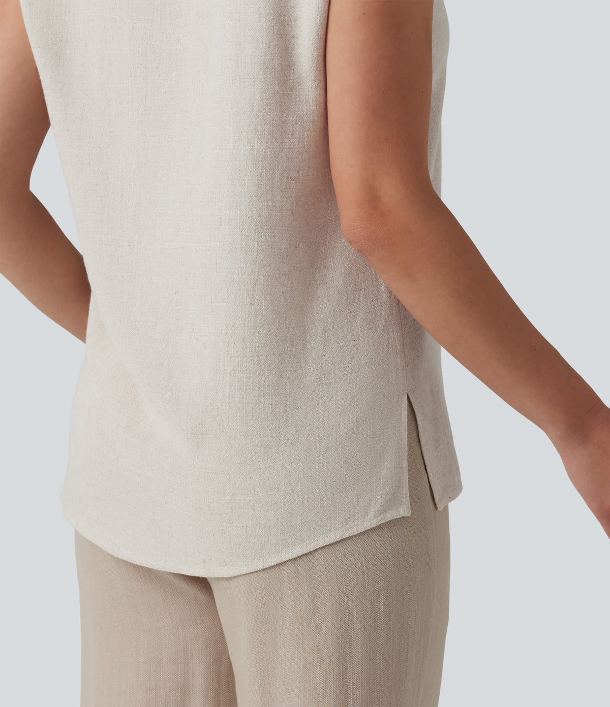 V-neck Sleeveless Split Hem Work Linen-Blend Blouse — Whisper White — view 7