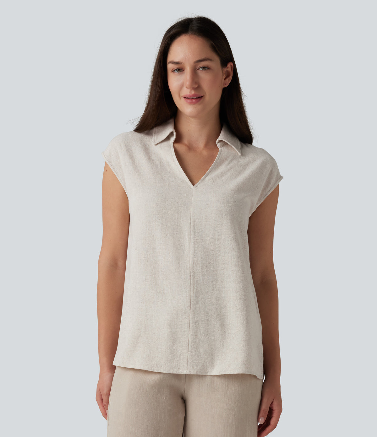 V-neck Sleeveless Split Hem Work Linen-Blend Blouse — Whisper White — view 4