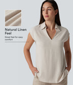 V-neck Sleeveless Split Hem Work Linen-Blend Blouse — Whisper White — view 1