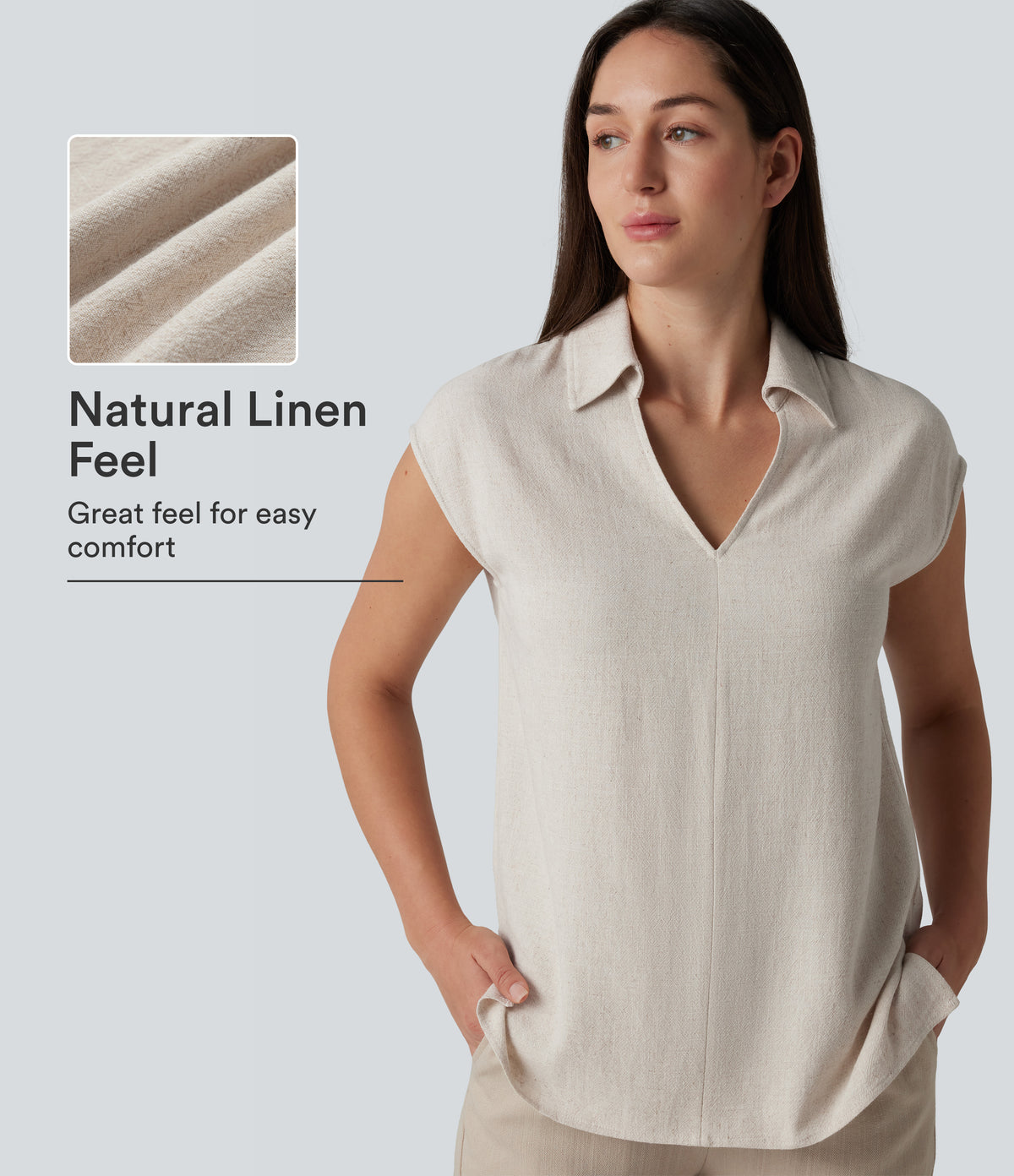 V-neck Sleeveless Split Hem Work Linen-Blend Blouse — Whisper White — view 1