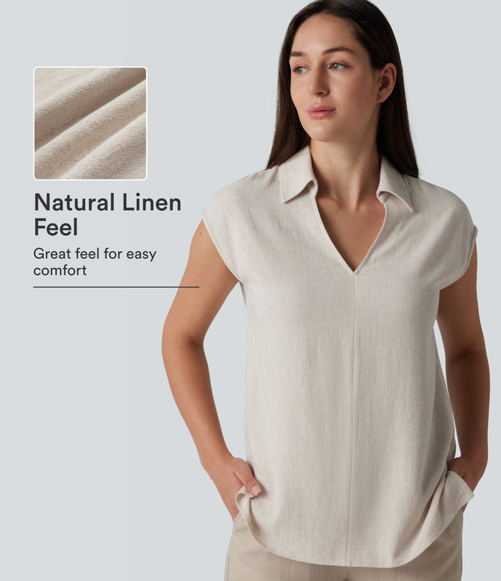 V-neck Sleeveless Split Hem Work Linen-Blend Blouse — Whisper White — view 1