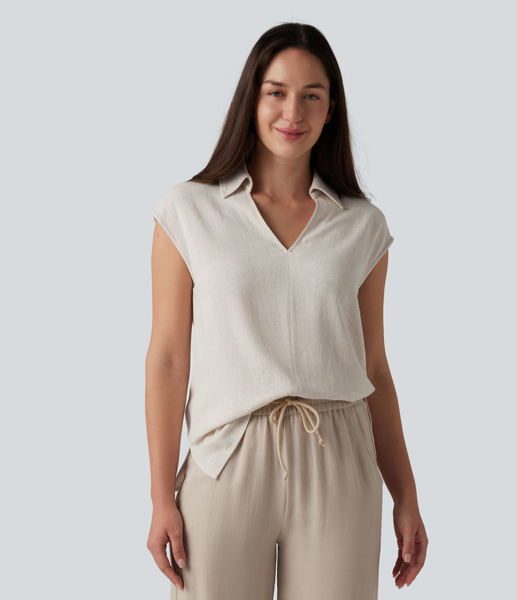V-neck Sleeveless Split Hem Work Linen-Blend Blouse — Whisper White — view 5