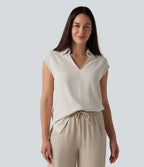 V-neck Sleeveless Split Hem Work Linen-Blend Blouse — Whisper White — view 5