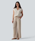 V-neck Sleeveless Split Hem Work Linen-Blend Blouse — Whisper White — view 8