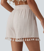 High Waisted Drawstring Fringe hem Resort Linen-Blend Baggy Shorts with Pockets — Moonbeam — view 5