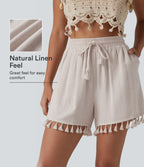 High Waisted Drawstring Fringe hem Resort Linen-Blend Baggy Shorts with Pockets — Moonbeam — view 1