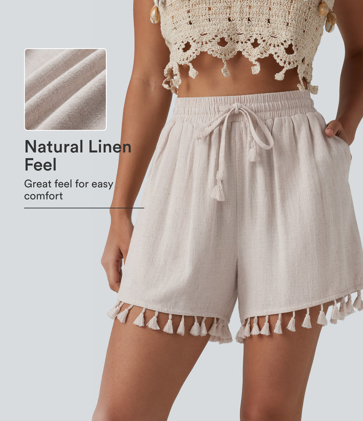 High Waisted Drawstring Fringe hem Resort Linen-Blend Baggy Shorts with Pockets — Moonbeam — view 1
