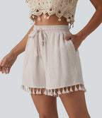 High Waisted Drawstring Fringe hem Resort Linen-Blend Baggy Shorts with Pockets — Moonbeam — view 3