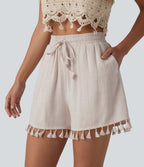 High Waisted Drawstring Fringe hem Resort Linen-Blend Baggy Shorts with Pockets — Moonbeam — view 4