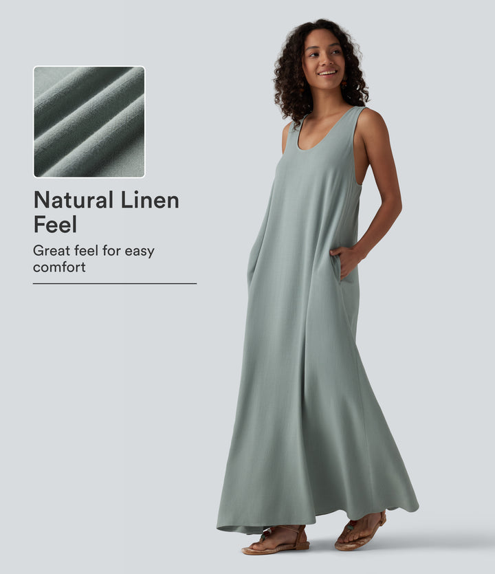 U-Neck Sleeveless Twisted-back Maxi Resort Linen-Blend Flowy Dress with Pockets — Chinois Green — view 1