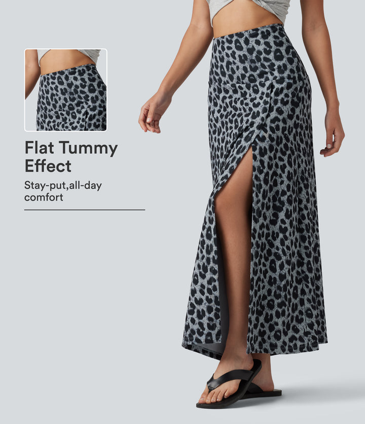 High Waisted Tummy Control Leopard Print Waffle Maxi Casual Skirt with Pocket — Frosted Panther — view 1