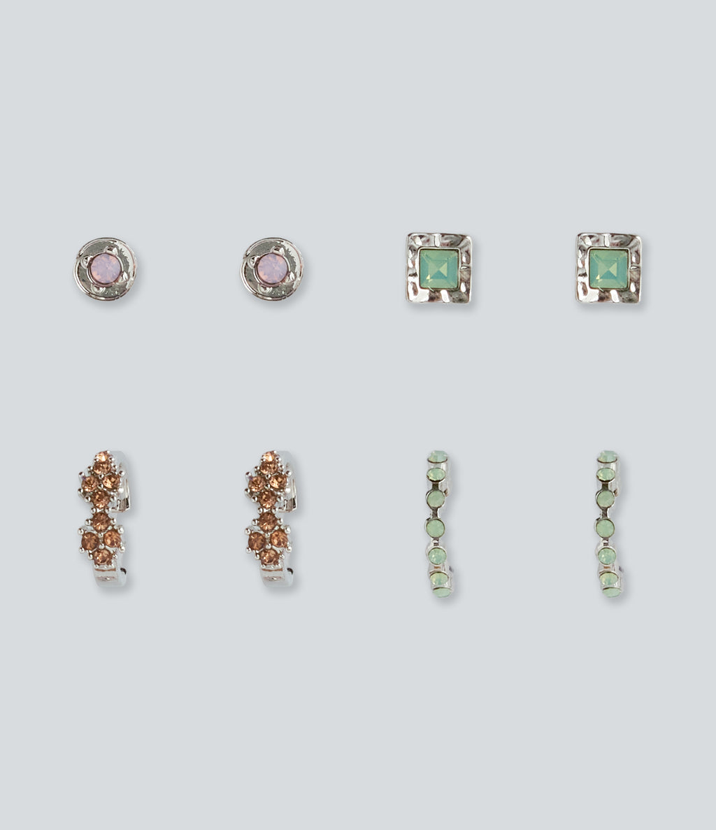 4 Pairs Alloy Colorful Rhinestone Earrings Set — Silver — view 1