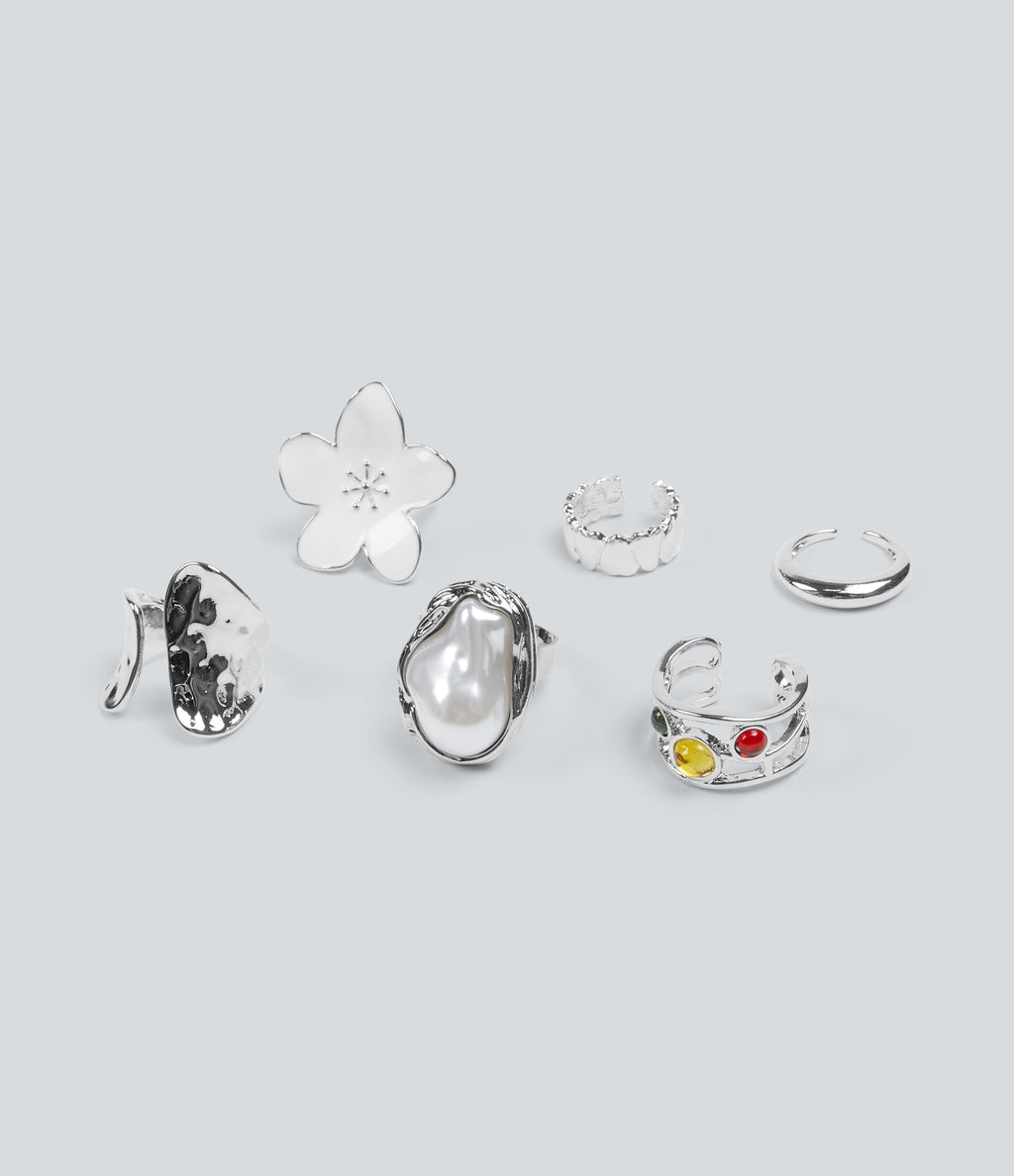 6 Pcs Alloy Floral Rings Set — Silver — view 4