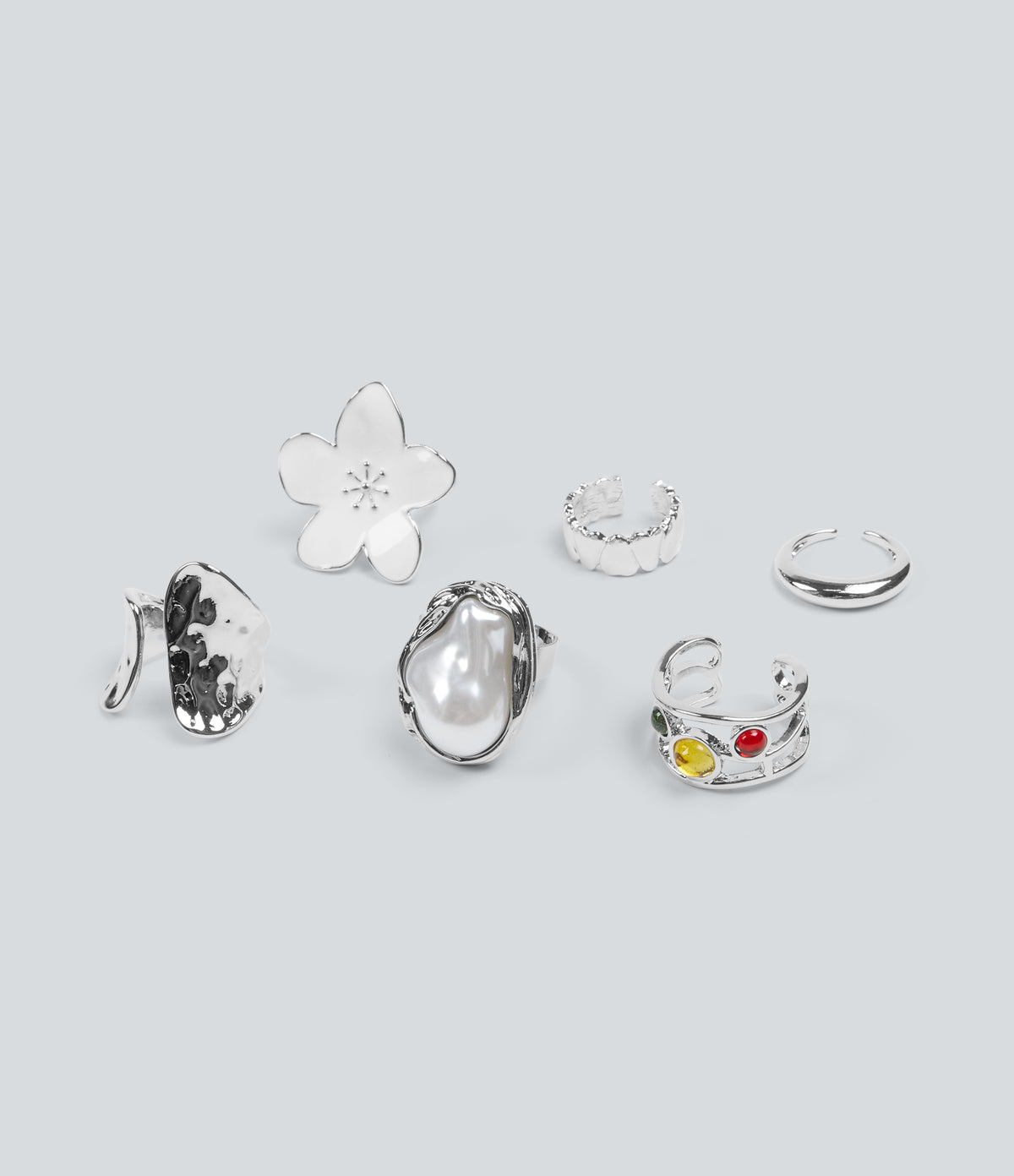 6 Pcs Alloy Floral Rings Set — Silver — view 4