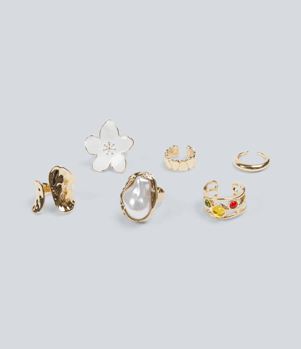 6 Pcs Alloy Floral Rings Set — Gold — view 1