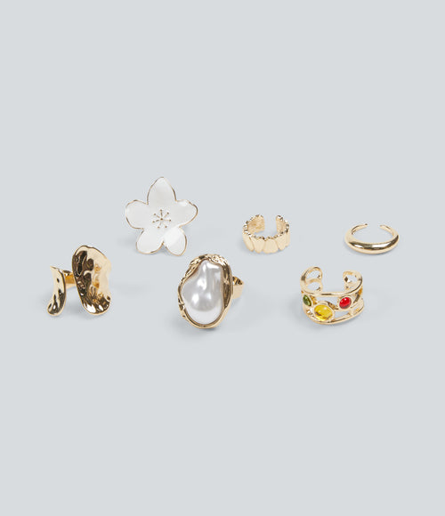 6 Pcs Alloy Floral Rings Set — Gold — view 1