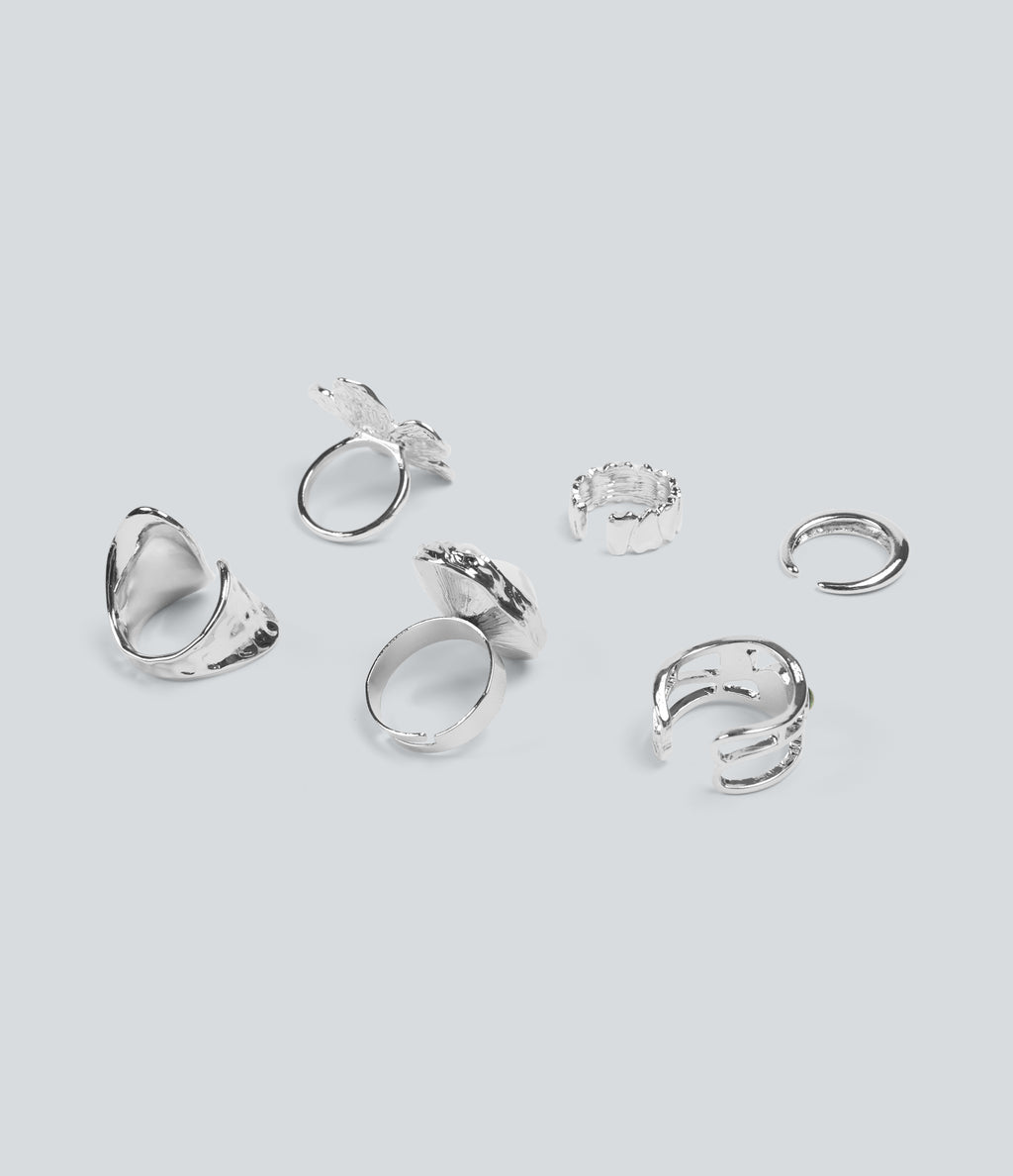 6 Pcs Alloy Floral Rings Set — Silver — additional view