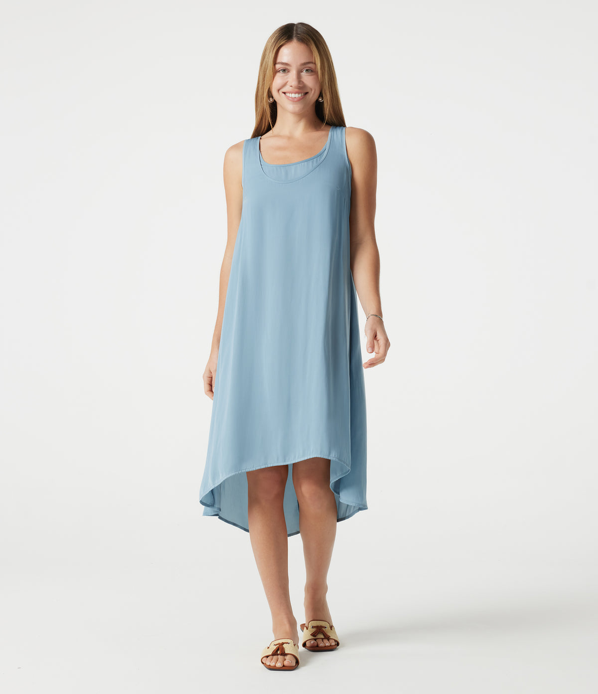 Scoop Neck Sleeveless 2-in-1 High Low Resort Flowy Dress — Stone Blue — view 3