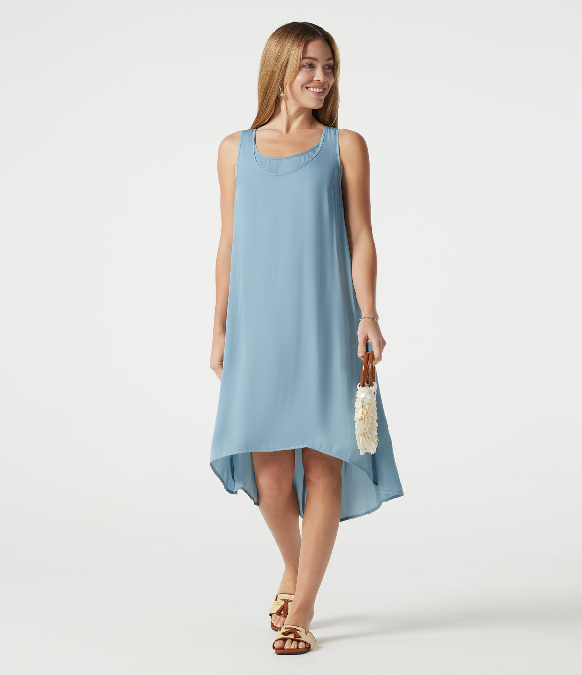 Scoop Neck Sleeveless 2-in-1 High Low Resort Flowy Dress — Stone Blue — view 7