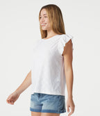 Round Neck Flounce Sleeve Embroidery Eyelet Casual Top — White — view 3